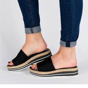 Journee Collection Rosey Espadrille Wedge Heeled Slide Sandal Black and White